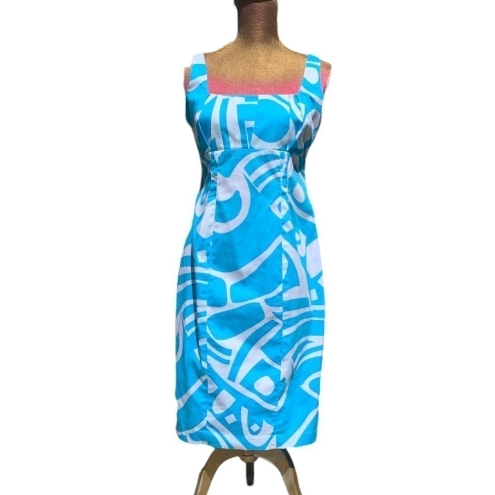 Calvin Klein Bright Aqua Blue & White Printed Dress Size 6